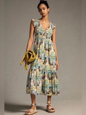 Anthropologie Peregrine Midi FloralCap flutter sleeve button up Dress